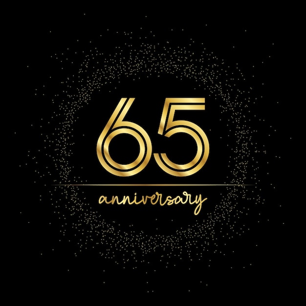 65 years golden number for anniversary with golden glitter and line on a black background