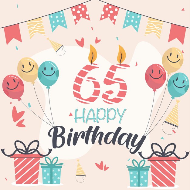65e gelukkige verjaardag vectorontwerp voor wenskaarten en poster met ballon en geschenkdoosontwerp.