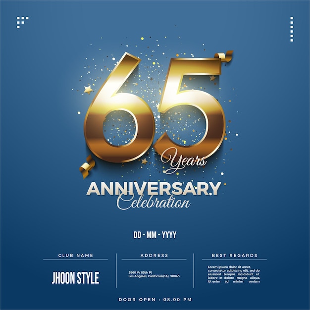 Premium Vector | 65th anniversary on blue background with golden ribbon.