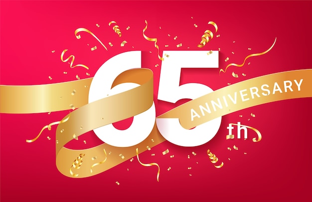 65th anniversary celebration banner template. big numbers with sparkles golden confetti and glitters ribbon.