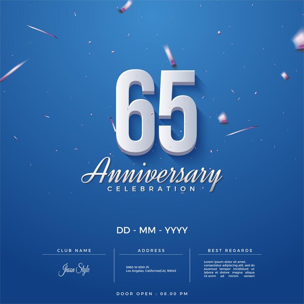 65th anniversary celebration on blue background with silver glitter rain.