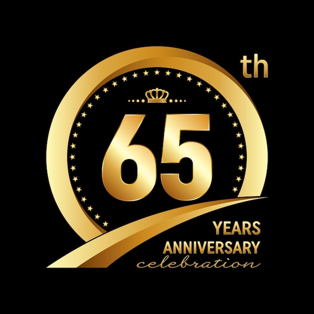 Дизайн логотипа 65-летия с золотым кольцом для празднования годовщины, приглашение на свадьбу, поздравительную открытку, баннер, плакат, флаер, брошюру, векторный шаблон логотипа