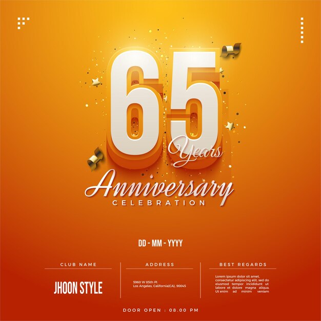 65th anniversary on orange background with golden ribbon.