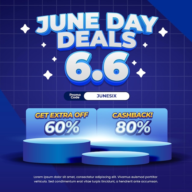 66 June Shopping Sale deals dark blue gradient Editable text effect Grid style Square banner