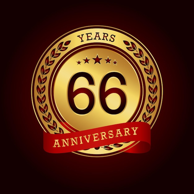 66 years anniversary with a golden circle and red ribbon in a dark red background