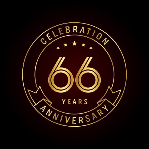 66th anniversary emblem design with golden number and ribbon line art design vector template