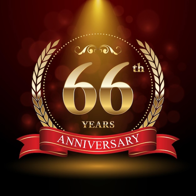 Vettore 66th anniversary logo design con laurel wreath e red ribbon logo vector template