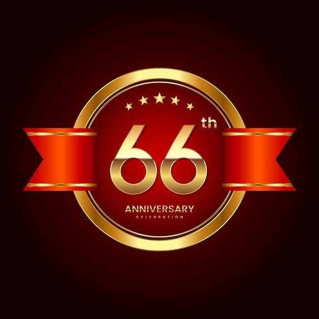 Логотип 66th Anniversary в стиле значка Логотип Anniversary с золотым цветом и красной лентой Logo Vector