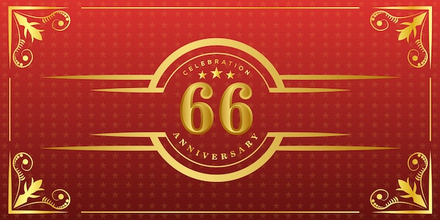Vector 66th anniversary logo with golden ring, confetti and gold border isolated on elegant red background