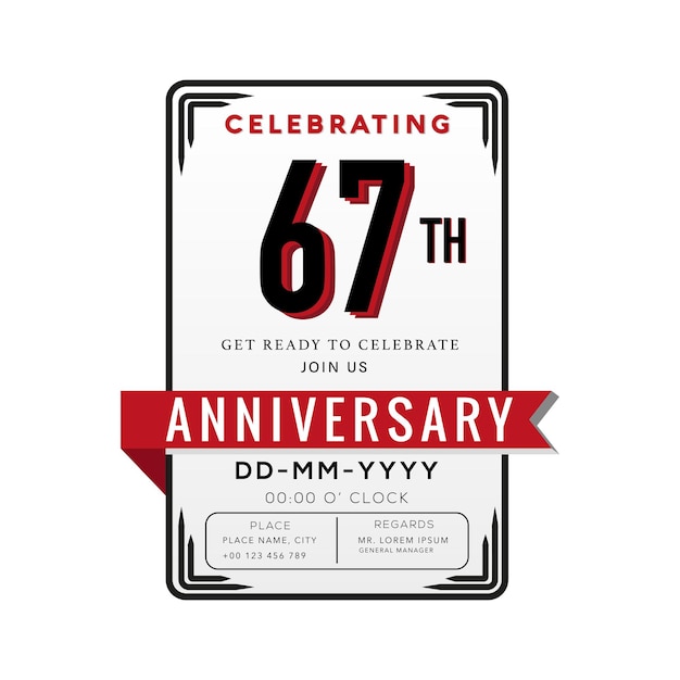 67 jaar verjaardag Logo viering en uitnodigingskaart met rood lint geïsoleerd.