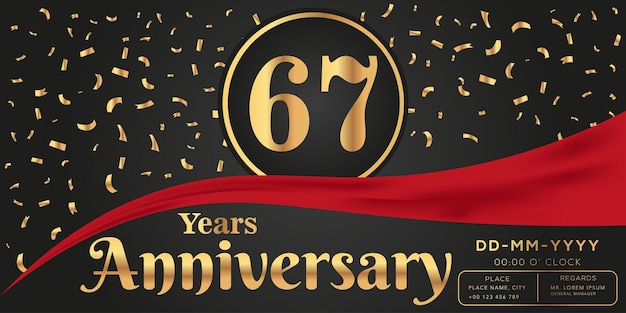67th years anniversary celebration on dark background with golden numbers and confetti design