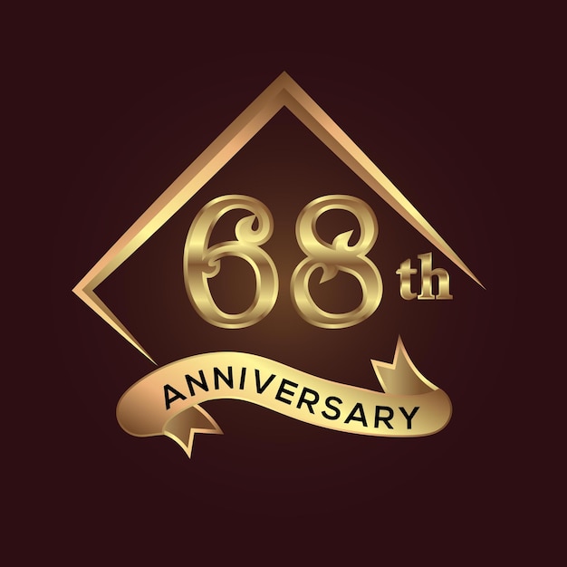 68周年記念。正方形と優雅な黄金色が分離された記念日のロゴ。
