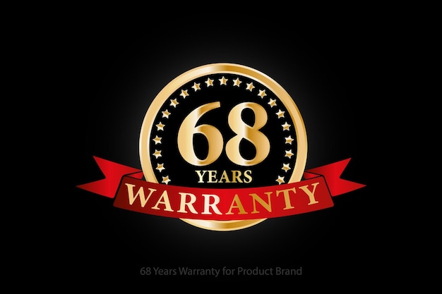 68 years warranty golden logo with ring and red ribbon isolated on black background