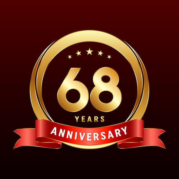 황금 반지와 빨간 리본 로고 벡터 템플릿 일러스트가 있는 68주년 로고 디자인