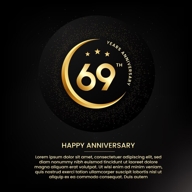 69-jarig jubileum met een halve maan sterren glitter en bewerkbare spraaktekst Gouden halve maan verjaardag banner sjabloon met een gouden nummer
