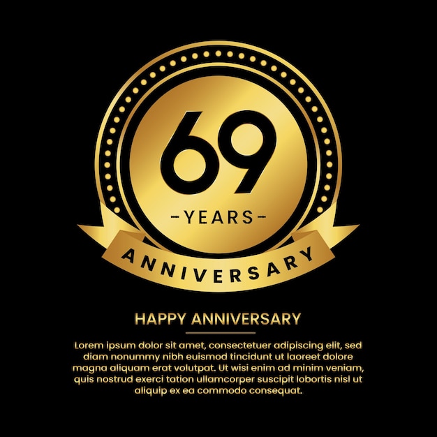 69년 기념일 배너에는 고급스러운 금색 원과 검정색 배경에 하프톤이 있고 교체 가능한 텍스트 음성이 있습니다.