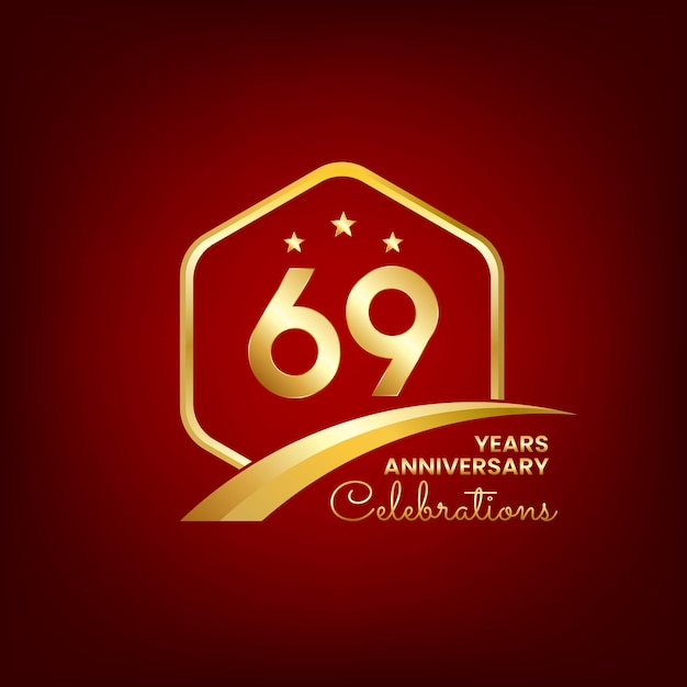 69 years anniversary inside of gold hexagon and curve with red backgrounds