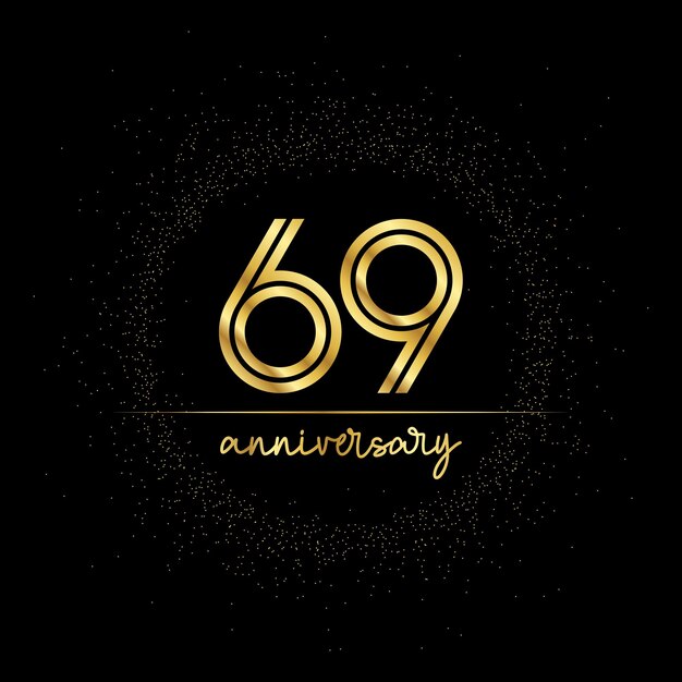 69 years golden number for anniversary with golden glitter and line on a black background