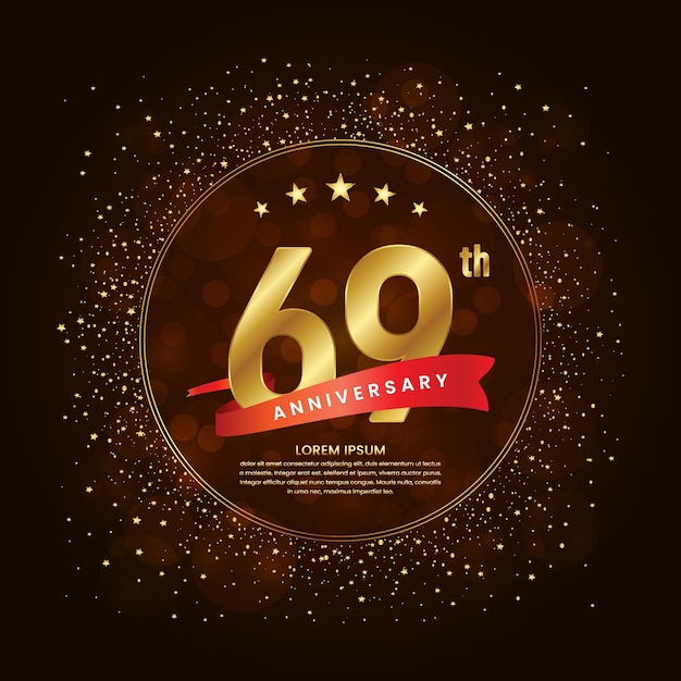 Vector 69th anniversary logo with a golden number and red ribbon concept decorated with glitter and stars