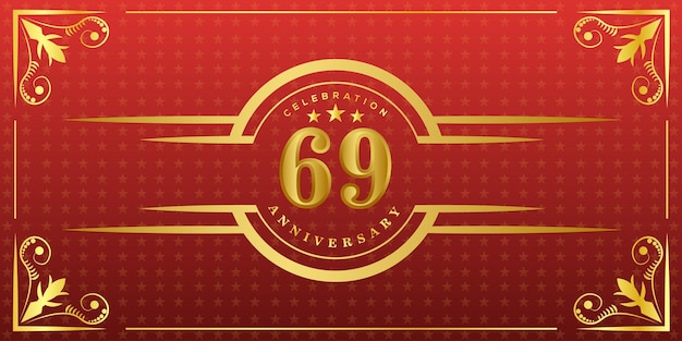 Vector 69th anniversary logo with golden ring, confetti and gold border isolated on elegant red background