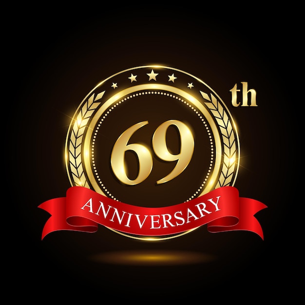 69th golden anniversary logo with shiny ring and red ribbon Laurel wrath isolated on black background vector design