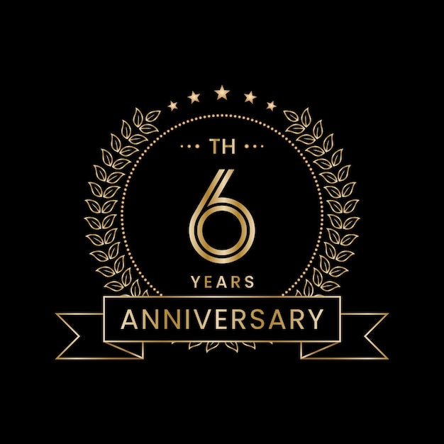 6th Anniversary logo with golden laurel wreath Line Art Vector design