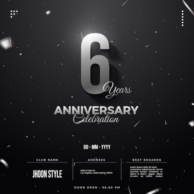 6th anniversary party invitation with silver numbers on dark background