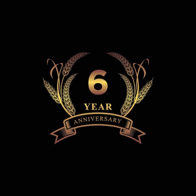 Vector 6th golden anniversary logo with ring and ribbon laurel wreath vector