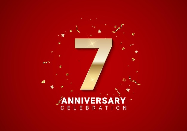 7 anniversary background with golden numbers, confetti, stars on bright red holiday background. Vector Illustration EPS10