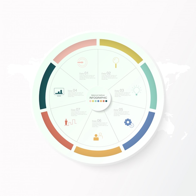 7 dati, infographics dei cerchi di base ed icone per il concetto di affari.