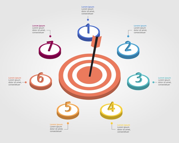 7 modello di obiettivo per infografica per presentazione per 7 elementi