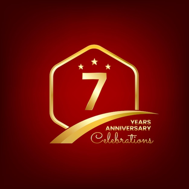 7-jarig jubileum binnenkant van gouden zeshoek en curve met rode achtergronden