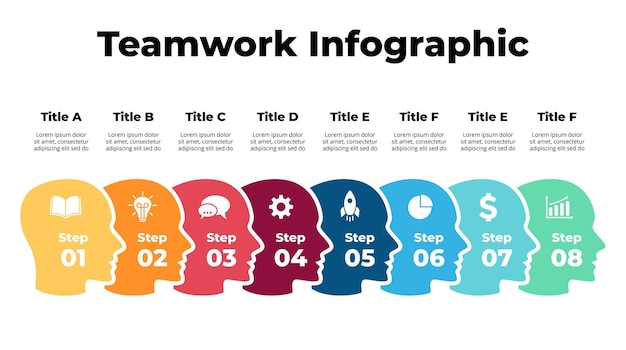 7 menselijke hoofden infographic Groep mensen Teamwork bedrijfsconcept Vector dia sjabloon