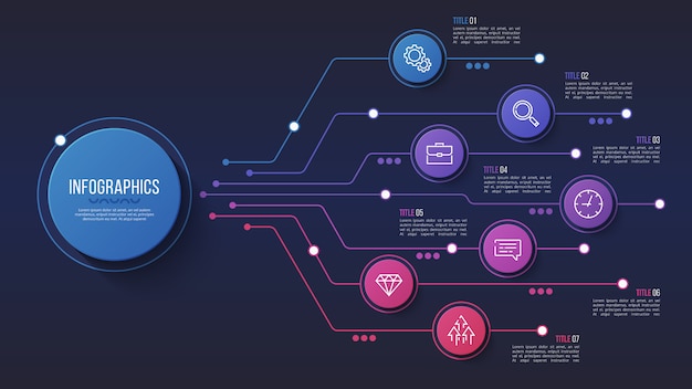 7 opzioni design infografico, diagramma struttura, presentati