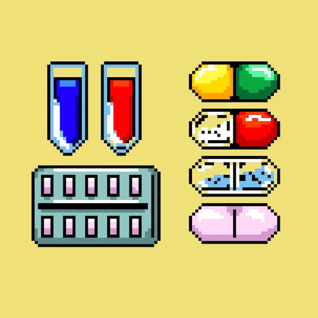 Vector 7 pills and potion set in pixel art style