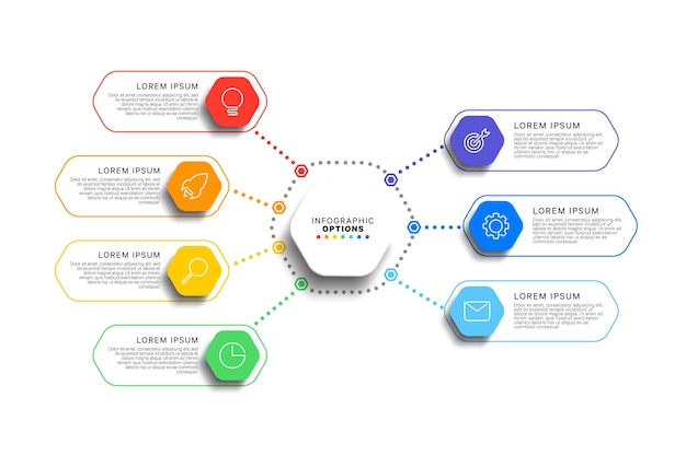 Modello di infografica in 7 passaggi con elementi esagonali realistici su sfondo bianco