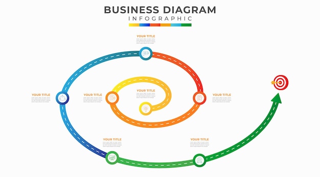 Vector 7 steps modern timeline diagram with spiral road concept and symbol icon