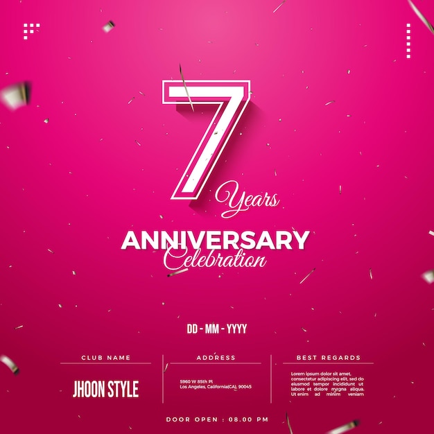 짙은 분홍색으로 둘러싸인 흰색 숫자가 있는 7년 기념일 초대장 배경