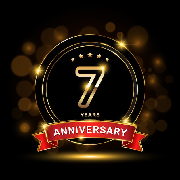 7 year anniversary logo with a gold emblem shape and red ribbon