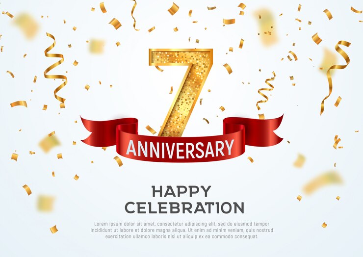 Vector 7 years anniversary vector banner template. seven year jubilee with red ribbon and confetti on white background
