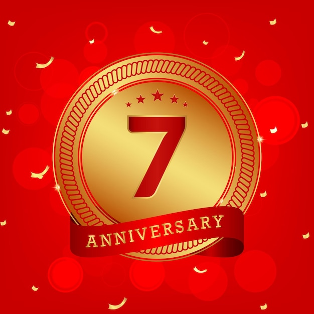 7 anni anniversario con numero goden e sfondo rosso