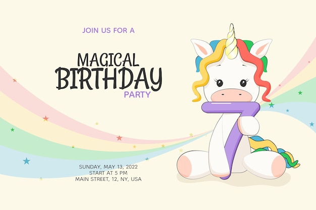 Vector 7 years magical kids birthday party invitation with cute rainbow unicorn
