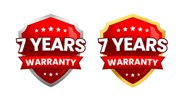 Vector 7 years warranty label or badge design with a minimalist and shiny red shield icon vector