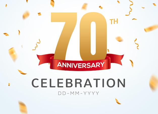 Numeri d'oro del 70° anniversario con coriandoli dorati. modello di festa per eventi di celebrazione del 70 ° anniversario.
