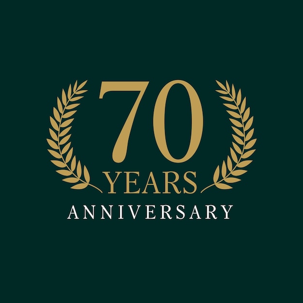 70 jaar oud luxe logo. Verjaardagsjaar van 70 e vector goudkleurige sjabloon omlijst van palmen.