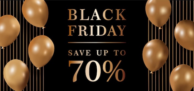 Vettore 70 di sconto sul cartello di vendita del black friday con palloncini ed elementi dorati