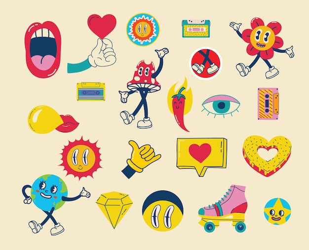 70's groovy illustraties voor de posters, kaarten of stickers met hippie schattige kleurrijke funky karakterconcepten van gekke geometrische druipende emoticon Alleen goede vibes zin