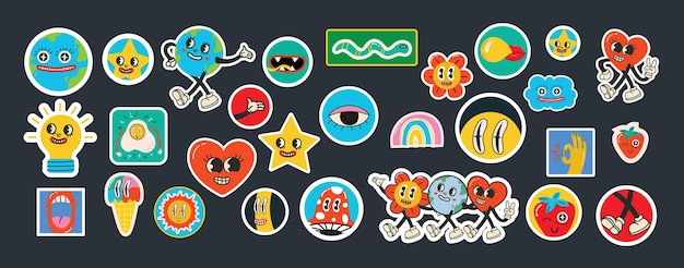 70's groovy illustraties voor postersticker retro print met hippie schattige gekke karakters funky karakterconcepten van gekke sterren druipende emoticon alleen goede vibes zin