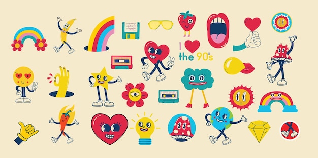 70's groovy illustrations for the posters cards or stickers with hippie cute colorful funky character concepts of crazy geometric dripping emoticon only good vibes sentence