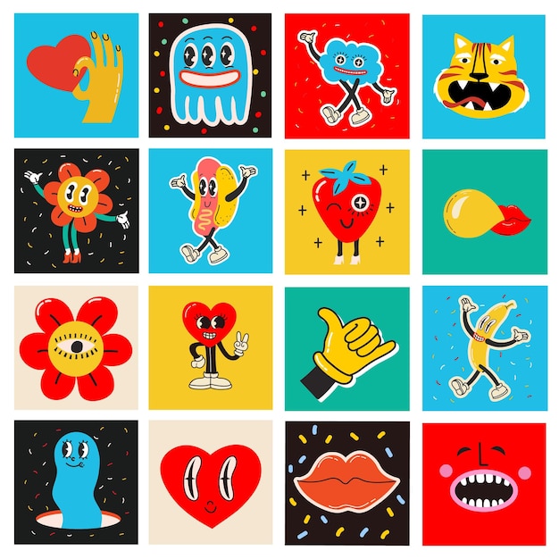70's groovy square posters cards or stickers Retro print with hippie cute colorful funky character concepts of crazy geometric dripping emoticon Only good vibes sentence
